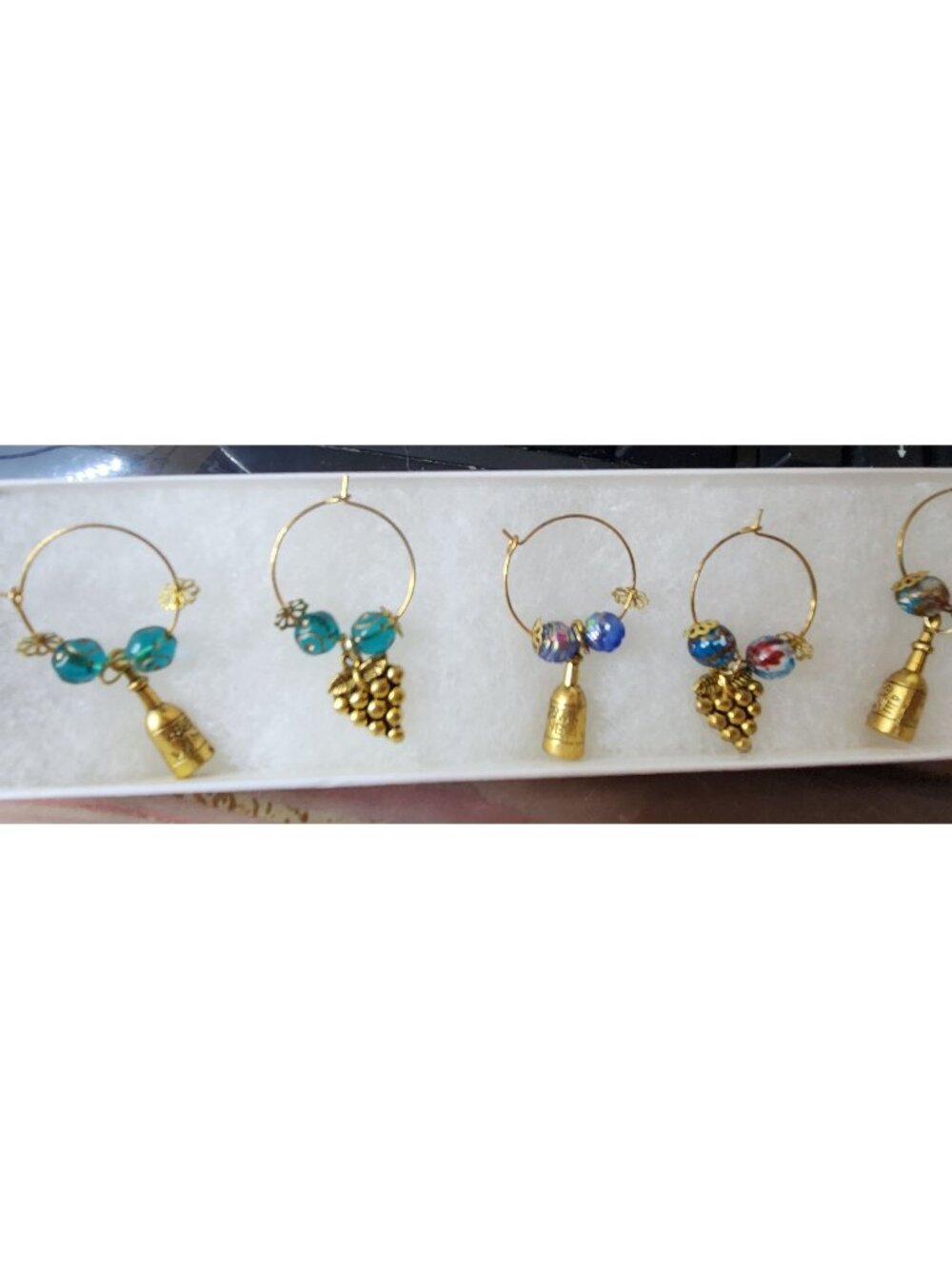 Wine Glass Charm Set 5 Gold Color Metal Charm Multi Color Glass Bead